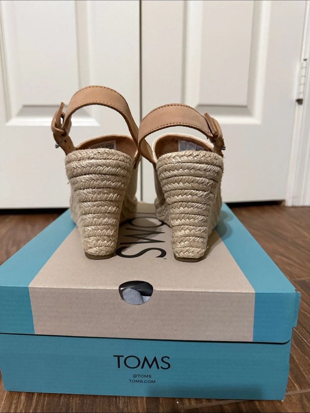 TOMS Cream Canvas Espadrille Wedge Sandals with Tan Ankle Strap